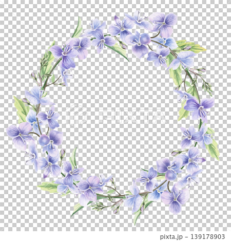 A wreath of delicate flowers and leaves of wild forest forget-me-nots. This isolated watercolor illustration is perfect for postcards, textiles, nature websites, and eco-themed designs. A wreath of delicate flowers and leaves of wild forest forget-me-nots. This isolated watercolor illustration is perfect for postcards, textiles, nature websites, and eco-themed designs. 139178903