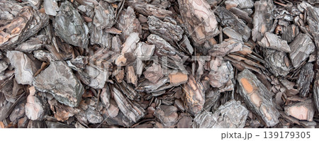 Closeup top view of bark mulch wood texture background made of natural brown tree chips. Rustic organic surface for garden design, landscaping, eco backdrop, material pattern and earthy wallpaper. 139179305