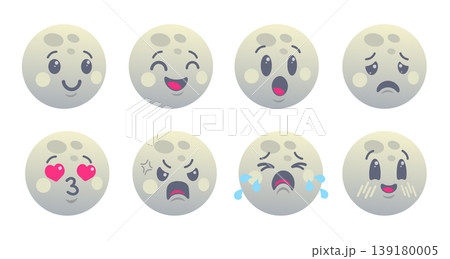Vector set of moon emoji in cute kawaii flat design style. Vector moon cartoons in flat style. Different moods. 139180005