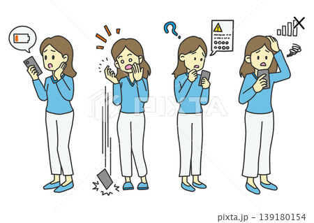 スマホを持って困る女性のカラーイラストセット 139180154