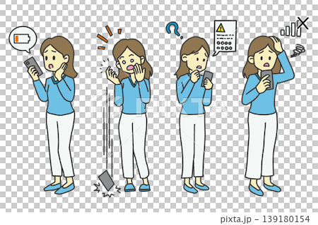 スマホを持って困る女性のカラーイラストセット 139180154