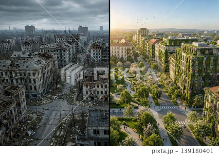 Urban Renewal Concept Split View Abandoned Ruined City Transformed into Green Eco Modern District Urban Renewal Concept Split View Abandoned Ruined City Transformed into Green Eco Modern District 139180401