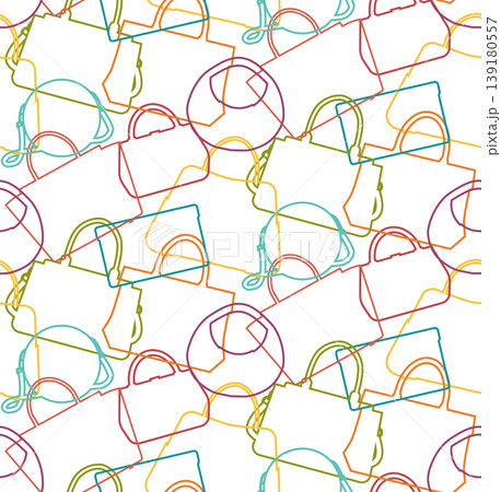 Vector seamless pattern with colorful contour silhouette of bags on white background. Fashionable texture with outline purses and clutches Vector seamless pattern with colorful contour silhouette of bags on white background. Fashionable texture with outline purses and clutches 139180557