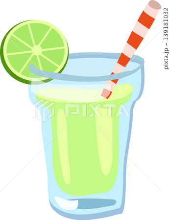 fresh lime juice in glass with lime garnish and striped straw. summer lime drink beverage fresh lime juice in glass with lime garnish and striped straw. summer lime drink beverage 139181032