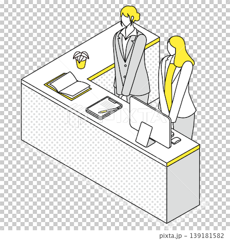 An isometric line drawing illustration of two female staff members waiting for customers at an L-shaped reception counter. An isometric line drawing illustration of two female staff members waiting for customers at an L-shaped reception counter. 139181582