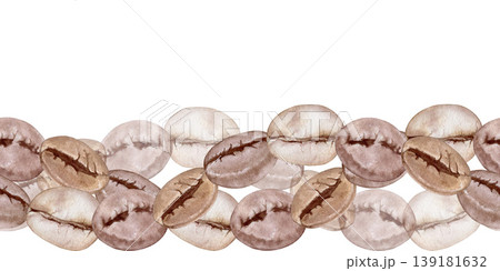 Watercolor coffee beans seamless border. Hand drawn illustration roasted seeds horizontal background. Coffee berries for cafe menu design, coffee packaging and shop branding. Watercolor coffee beans seamless border. Hand drawn illustration roasted seeds horizontal background. Coffee berries for cafe menu design, coffee packaging and shop branding. 139181632