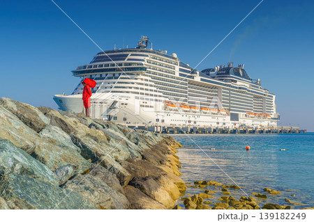 Sir Bani Yas island, United Arab Emirates - Jan 11 2024, Panoramic view of the MSC Virtuosa cruise ship in the foreground, Sir Bani Yas, Abu Dhabi, United Arab Emirates Sir Bani Yas island, United Arab Emirates - Jan 11 2024, Panoramic view of the MSC Virtuosa cruise ship in the foreground, Sir Bani Yas, Abu Dhabi, United Arab Emirates 139182249