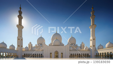 Abu Dhabi, United Arab Emirates - Jan 10 2024, panoramic view, Sheikh Zayed Grand Mosque in Abu Dhabi, the capital city of United Arab Emirates 139183030