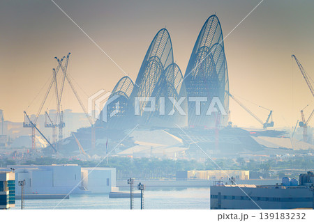 Abu Dhabi, United Arab Emirates - Jan 10 2024, Panoramic view of the construction of the National Museum of Zayed, in the daytime, the sky is covered with smog, Abu Dhabi, United Arab Emirates  139183232