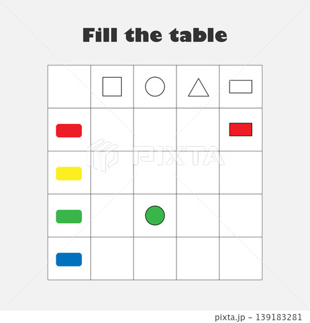 Fill the table with colorful geometric shapes for children, fun education game for kids, preschool worksheet activity, task for the development of logical thinking, vector illustration Fill the table with colorful geometric shapes for children, fun education game for kids, preschool worksheet activity, task for the development of logical thinking, vector illustration 139183281