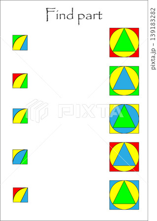 Find the part of different colorful geometric shapes for children, fun education game for kids, preschool worksheet activity, task for the development of logical thinking, vector illustration Find the part of different colorful geometric shapes for children, fun education game for kids, preschool worksheet activity, task for the development of logical thinking, vector illustration 139183282
