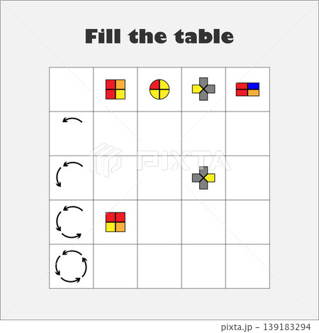 Fill the table with colorful geometric shapes for children, turn the shapes,fun education game for kids, preschool worksheet activity, task for the development of logical thinking, vector illustration Fill the table with colorful geometric shapes for children, turn the shapes,fun education game for kids, preschool worksheet activity, task for the development of logical thinking, vector illustration 139183294