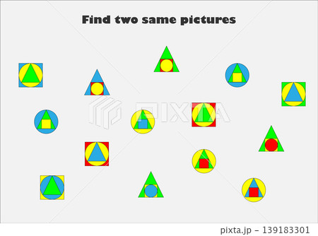 Find two identical pictures, fun education game with colorful geometric shapes for children, preschool worksheet activity for kids,, task for the development of logical thinking, vector illustration 139183301