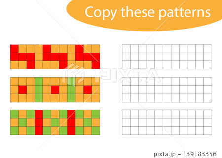 Copy these patterns, pixel art, drawing skills training, educational paper game for the development of children, kids preschool activity, printable worksheet, vector illustration 139183356