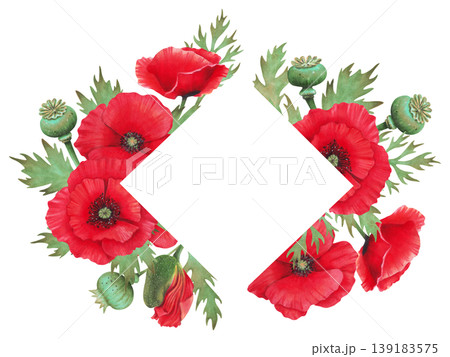 Watercolor illustration of poppy and leaves with pods. Frame with space for text. Wild Poppy Festival. Day of Remembrance, Mourning. Botanical template for packaging, invitations, printed materials 139183575