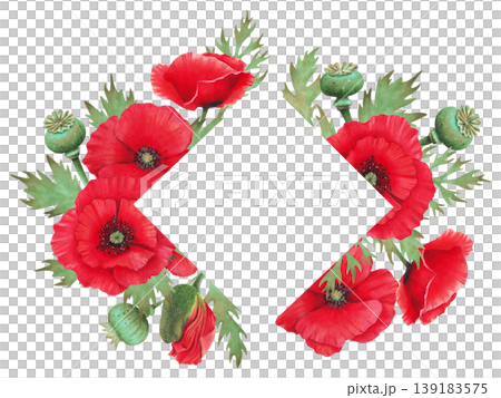 Watercolor illustration of poppy and leaves with pods. Frame with space for text. Wild Poppy Festival. Day of Remembrance, Mourning. Botanical template for packaging, invitations, printed materials 139183575
