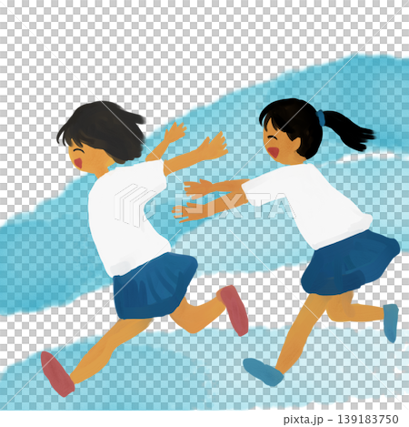 A hand-drawn illustration of two girls running and feeling the wind. A hand-drawn illustration of two girls running and feeling the wind. 139183750