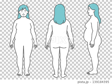 肥満体型の成人女性の全身イラスト（正面・背面・側面の3アングルセット） 139184395