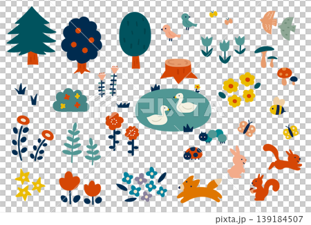 A set of cute hand-drawn illustrations of forests and animals. 139184507