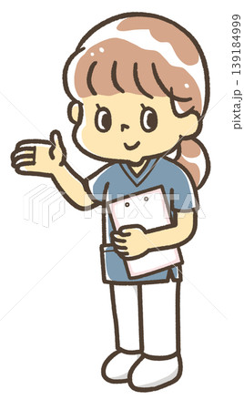 医療系の紺の制服を着て案内している女性 139184999