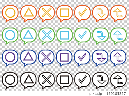 Colorful symbol icons with speech bubbles - line art, white fill - set - circles, triangles, crosses Colorful symbol icons with speech bubbles - line art, white fill - set - circles, triangles, crosses 139185227