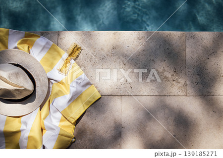 Yellow and white striped beach towel and wide-brimmed straw hat resting on a stone surface beside a clear swimming pool with rippling water Yellow and white striped beach towel and wide-brimmed straw hat resting on a stone surface beside a clear swimming pool with rippling water 139185271