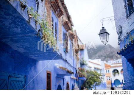 Vibrant blue alleyway with traditional architecture, adorned with greenery and a vintage lantern, creating a picturesque scene of cultural heritage and charm Vibrant blue alleyway with traditional architecture, adorned with greenery and a vintage lantern, creating a picturesque scene of cultural heritage and charm 139185295