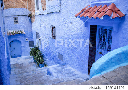 Charming blue alleyway with traditional architecture, featuring vibrant blue walls, terracotta roof tiles, and lush greenery, creating a picturesque scene of tranquility and culture 139185301
