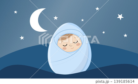 Sleeping baby wrapped in blanket under moonlit night sky scene. newborn sleeping Sleeping baby wrapped in blanket under moonlit night sky scene. newborn sleeping 139185614