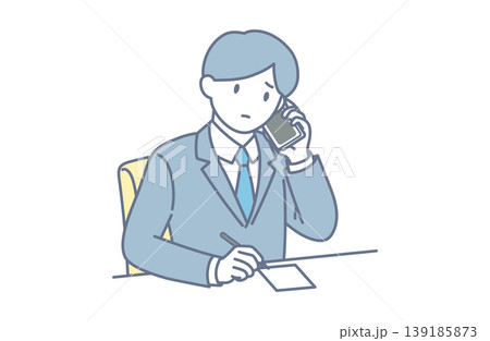 メモを取りながら電話対応する不安な会社員のイラスト メモを取りながら電話対応する不安な会社員のイラスト 139185873
