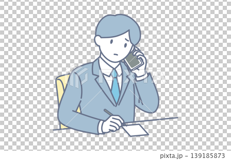 メモを取りながら電話対応する不安な会社員のイラスト メモを取りながら電話対応する不安な会社員のイラスト 139185873