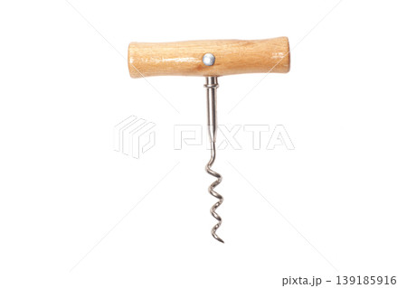 Wooden corkscrew isolated on white background. Wooden corkscrew isolated on white background. 139185916