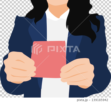 An illustration showing a close-up of a businesswoman's hands as she holds up a piece of paper. 139185942