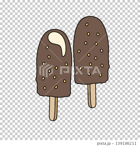 Two chocolate-covered ice pops sit side by side Two chocolate-covered ice pops sit side by side 139186211
