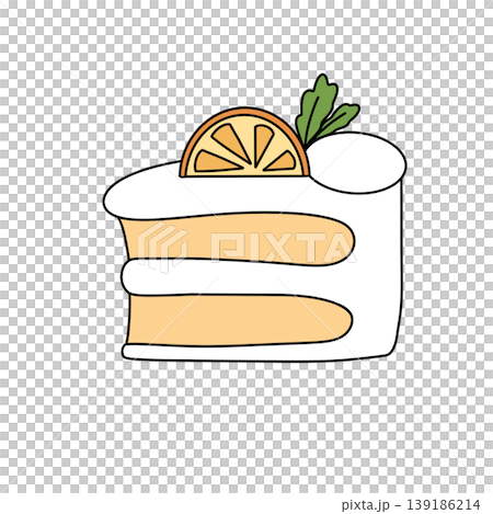 Simple cake slice, orange garnish, green herb sprig Simple cake slice, orange garnish, green herb sprig 139186214