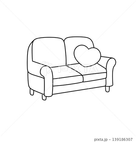 Simple line drawing shows a cozy sofa with a heart-shaped pillow 139186307