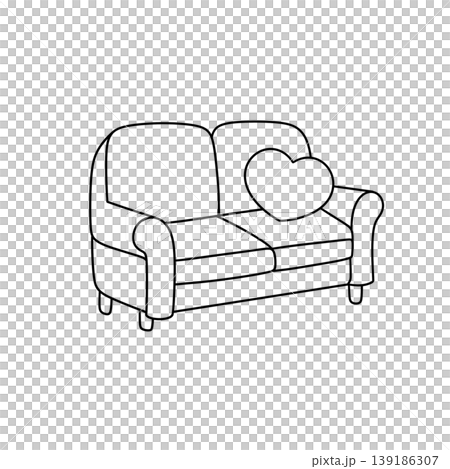 Simple line drawing shows a cozy sofa with a heart-shaped pillow 139186307