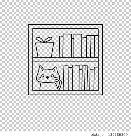Cute cartoon cat peeks from behind bookshelf Cute cartoon cat peeks from behind bookshelf 139186309