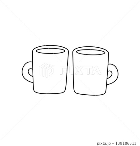 Simple line drawing of two identical mugs Simple line drawing of two identical mugs 139186313