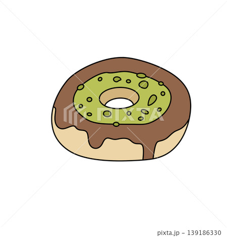 Sweet donut with green icing and chocolate drizzle Sweet donut with green icing and chocolate drizzle 139186330