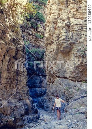 Exploring a narrow canyon with rugged rock formations and lush greenery Exploring a narrow canyon with rugged rock formations and lush greenery 139186449