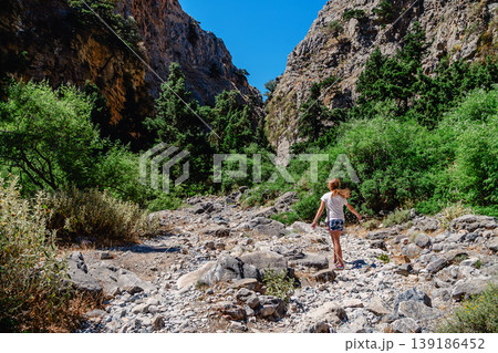 Child exploring a rocky creek surrounded by lush greenery in a canyon 139186452