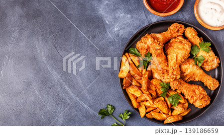 Fried chicken legs with potatoes. Fried chicken legs with potatoes. 139186659