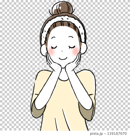 一幅描繪一位女士對自己光滑肌膚感到滿意的插圖。 139187070