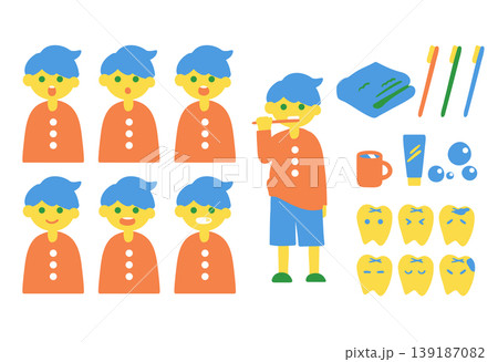 歯磨きをする男の子と歯磨きセットと歯のキャラクター 139187082