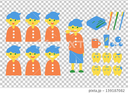 歯磨きをする男の子と歯磨きセットと歯のキャラクター 139187082