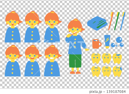 歯磨きをする女の子と歯磨きセットと歯のキャラクター. 歯磨きをする女の子と歯磨きセットと歯のキャラクター. 139187084