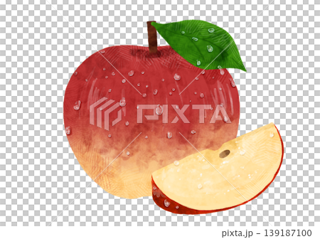Watercolor illustration of a cut apple with leaves and water droplets (individual material, pet food) Watercolor illustration of a cut apple with leaves and water droplets (individual material, pet food) 139187100