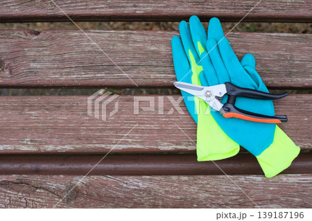 Wooden background with professional garden pruning shears and bright turquoise gloves, viewed from above with space for text. 139187196