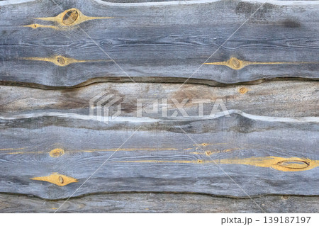 Rustic background of old gray wooden boards with noticeable knots and wavy edges. Natural texture of aged wood with horizontal lines. 139187197